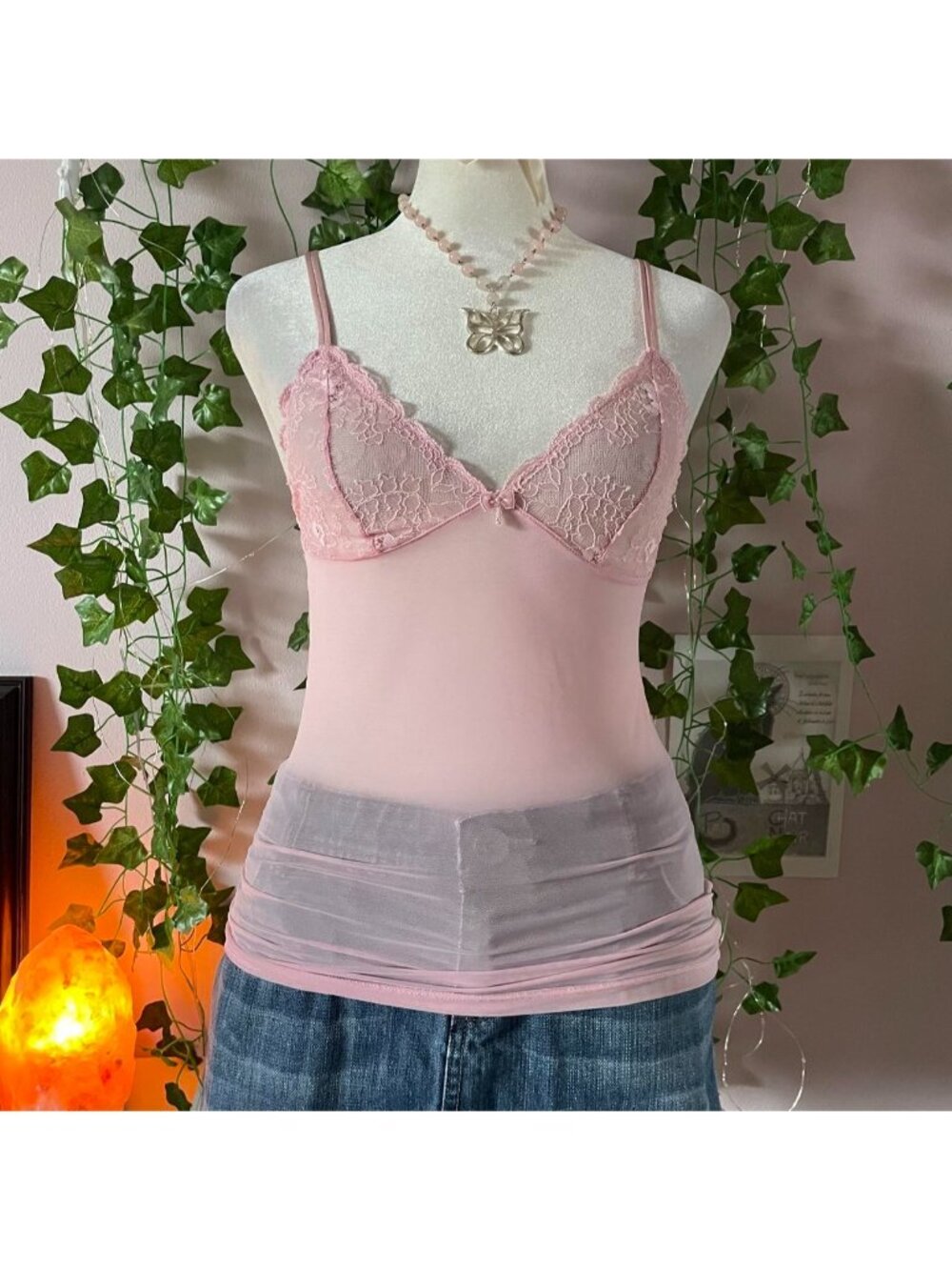 Y2K vintage pink lacy sheer cami top